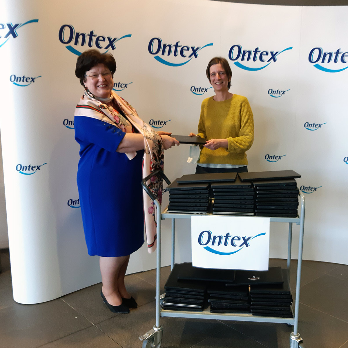 Annick De Poorter, EVP Sustainability & Innovation, Ontex and Nele Buyl, education specialist at charity 4deWereldgroep in Aalst, Belgium on February 17, 2022.
